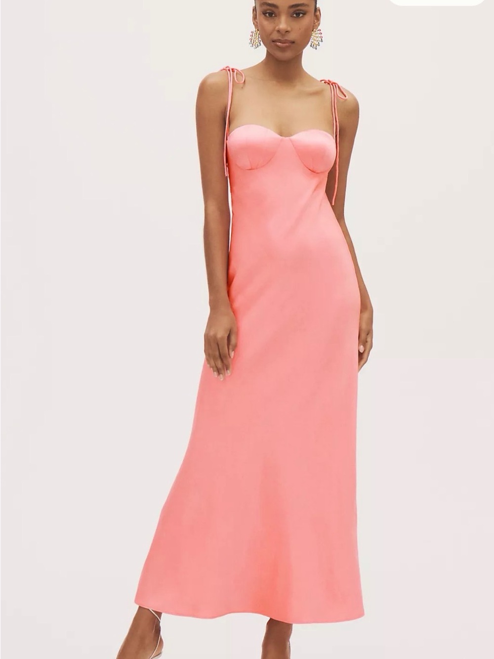 BHLDN Coral Pink Slip Maxi Dress with Tie Straps